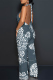 Apricot Sexy Colorblock Print Lace Up Backless Contrast Halter Loose Jumpsuits