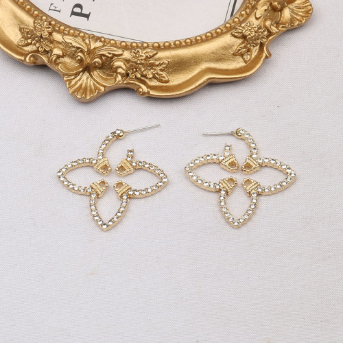 Gold Daily Four Leaf Clover Rhinestone Decor Earrings