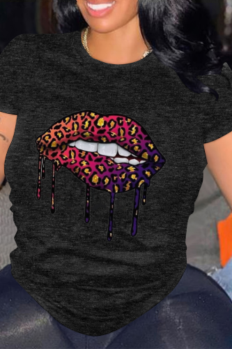 Black Casual Lips Print O Neck Tops