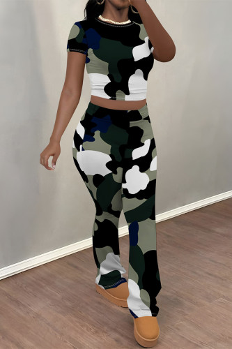 Multicolor Casual Camouflage Print Contrast O Neck Short Sleeve Two Pieces