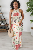 Stripe Geometric Print Flowers Stripe Contrast O Neck Dresses