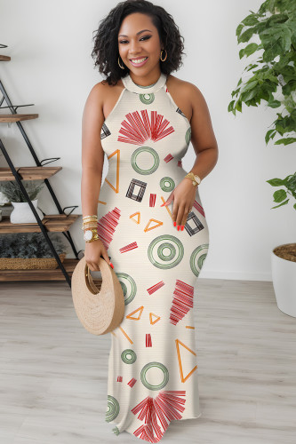 Light Khaki Geometric Print Flowers Stripe Contrast O Neck Dresses