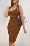 Orange Sexy Floral Print Contrast U Neck Printed Dresses