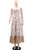 Khaki Elegant Print Patchwork Spaghetti Strap Long Dresses