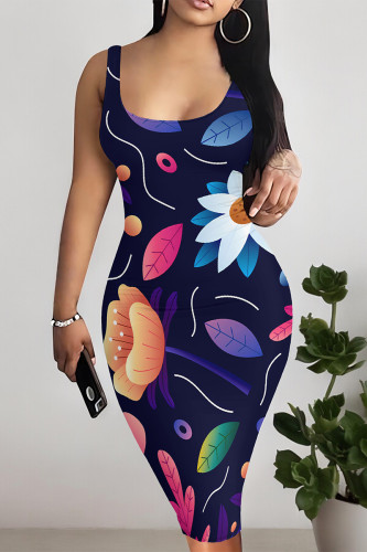 Tibetan Blue Sexy Geometric Print Contrast U Neck Printed Dresses