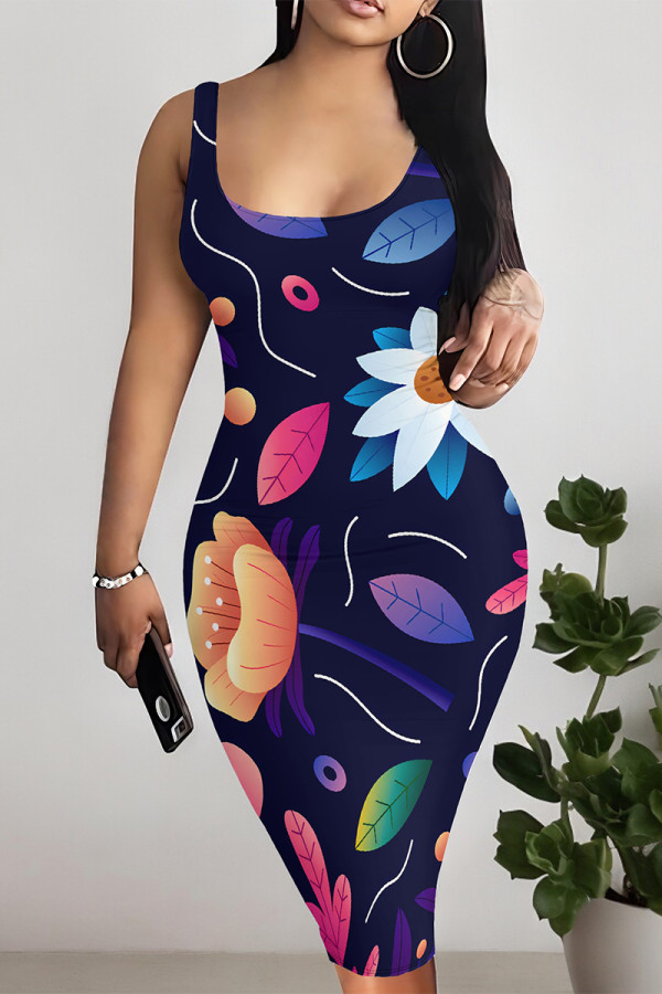 Tibetan Blue Sexy Geometric Print Contrast U Neck Printed Dresses