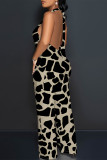 Apricot Sexy Colorblock Print Lace Up Backless Contrast Halter Loose Jumpsuits