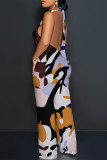 Apricot Sexy Colorblock Print Lace Up Backless Contrast Halter Loose Jumpsuits