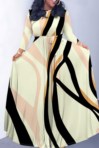 Light Yellow Elegant Striped Print Flowers Pocket With Belt Contrast O Neck Printed Dresses
