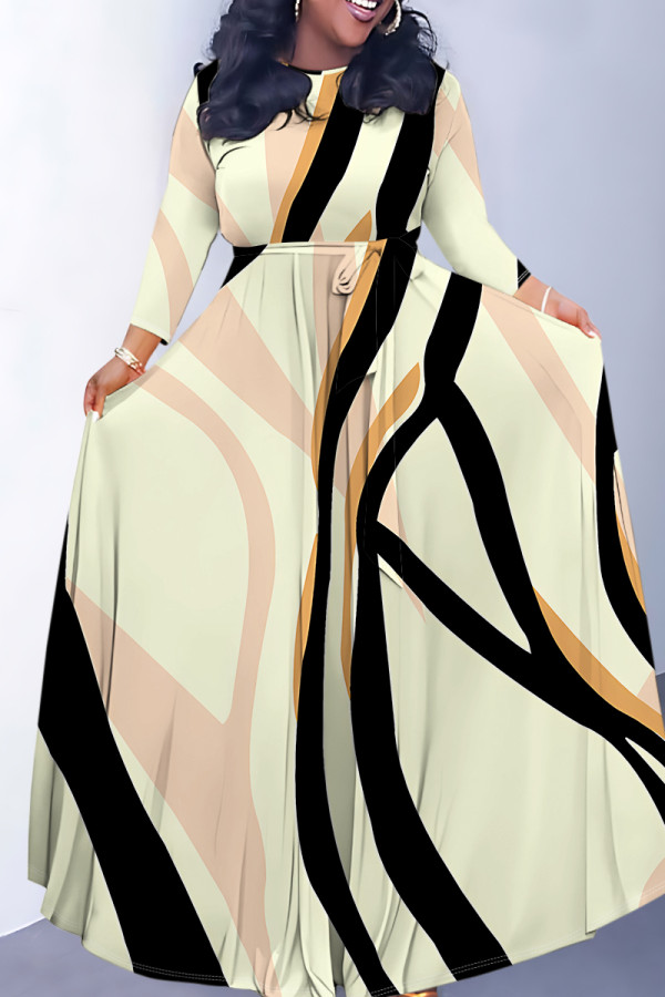 Light Yellow Elegant Striped Print Flowers Pocket With Belt Contrast O Neck Printed Dresses