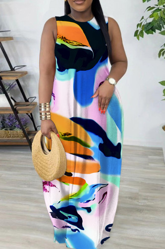 Multicolor Casual Geometric Print Flowers Pocket Contrast O Neck Printed Dresses