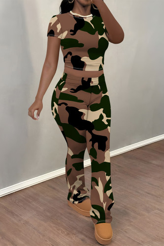 Brick Red Casual Camouflage Print Contrast O Neck Short Sleeve Two Pieces