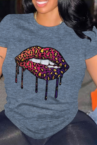 Blue Casual Lips Print O Neck Tops