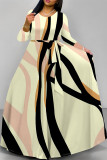 Stripe Elegant Striped Print Flowers Pocket With Belt Contrast O Neck Printed Dresses