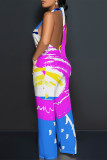 Apricot Sexy Colorblock Print Lace Up Backless Contrast Halter Loose Jumpsuits