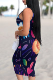 Multicolor Sexy Geometric Print Contrast U Neck Printed Dresses