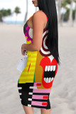 Multicolor Sexy Geometric Print Contrast U Neck Printed Dresses
