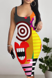 Multicolor Sexy Geometric Print Contrast U Neck Printed Dresses