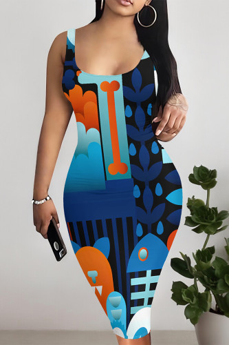 Dark Blue Sexy Geometric Print Contrast U Neck Printed Dresses