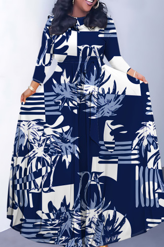 Blue Elegant Striped Print Flowers Pocket With Belt Contrast O Neck Printed Dresses