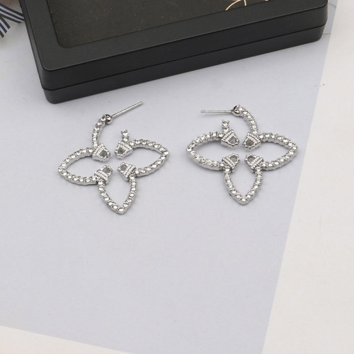 Silver White Daily Four Leaf Clover Rhinestone Decor Earrings