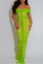 Green Sexy Solid Color Patchwork Backless Ruched Off Shoulder Long Dresses