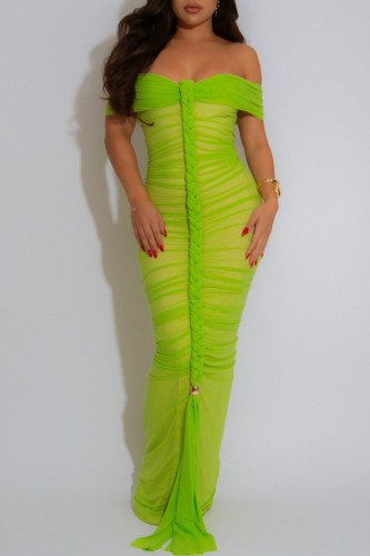 Green Sexy Solid Color Patchwork Backless Ruched Off Shoulder Long Dresses