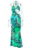 Green Sexy Leopard Print Hollow Out Sling Dresses