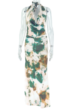 Green Elegant Print Backless Halter Sleeveless Two Pieces
