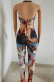Colour Sexy Hot Irregular Printed Backless Belted Halter Sleeveless Two Pieces