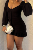 Black Sexy Solid Color Flounce U Neck Wrapped Skirt Dresses