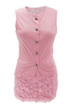 Blue Casual Solid Color Flowers Buttons O Neck Sleeveless Two Pieces