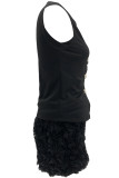 Blue Casual Solid Color Flowers Buttons O Neck Sleeveless Two Pieces