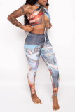 Colour Sexy Hot Irregular Printed Backless Belted Halter Sleeveless Two Pieces