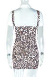 Leopard Print Sexy Leopard Print Buckle Turndown Collar Short Sleeve Two Pieces