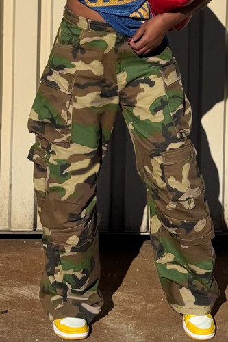 Army Green Casual Daily Camouflage Print Pocket Straight Mid Waist Straight Full Print Trousers