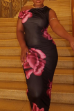 Black Elegant Print Patchwork Oblique Collar Long Dresses
