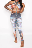 Colour Sexy Hot Irregular Printed Backless Belted Halter Sleeveless Two Pieces