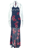 Black Sexy Print Flower Shape Long Dresses