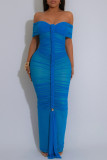 Blue Sexy Solid Color Patchwork Backless Ruched Off Shoulder Long Dresses
