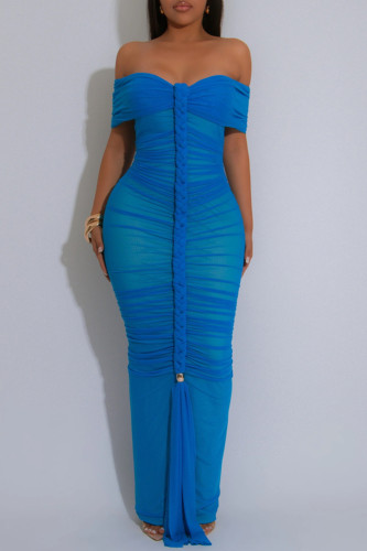 Blue Sexy Solid Color Patchwork Backless Ruched Off Shoulder Long Dresses