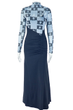Black Elegant Print Ruched Turtleneck Long Dresses