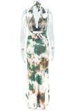 Green Elegant Print Backless Halter Sleeveless Two Pieces