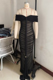 Blue Sexy Solid Color Patchwork Backless Ruched Off Shoulder Long Dresses
