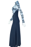Black Elegant Print Ruched Turtleneck Long Dresses