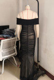 Blue Sexy Solid Color Patchwork Backless Ruched Off Shoulder Long Dresses