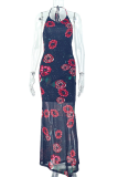 Black Sexy Print Flower Shape Long Dresses
