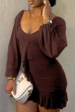 Black Sexy Solid Color Flounce U Neck Wrapped Skirt Dresses