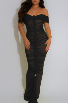 Black Sexy Solid Color Patchwork Backless Ruched Off Shoulder Long Dresses
