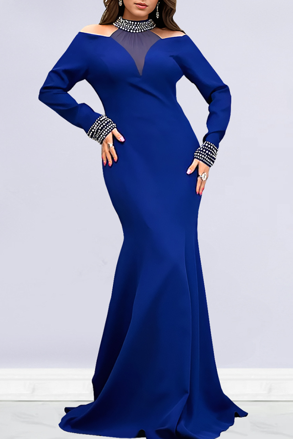 Blue Elegant Solid Color Hollow Out Hot Drill O Neck Long Dresses